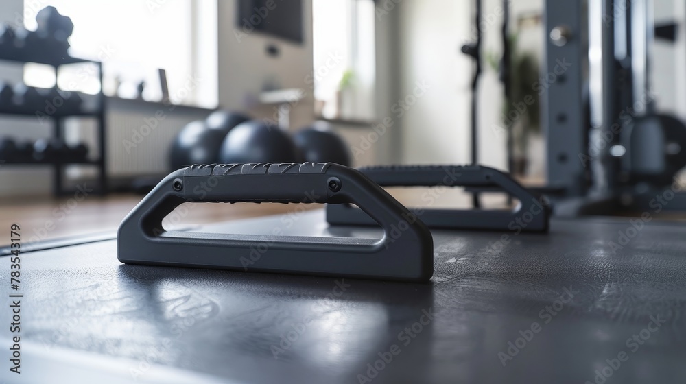 A detailed view of ergonomic push-up handles in a well-equipped home gym, spotlighting exercise efficiency