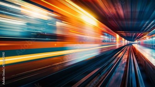 A modern passenger train blurs past, its high speed captured in a stunning motion effect