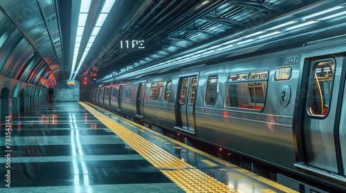 A lone, modern subway train rests in a station, empty yet inviting with its pristine condition photo