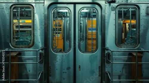 A glimpse through the open door of a subway wagon, connecting urban landscapes with daily commutes