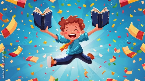 Cartoon illustration of a happy child jumping with a book, a preschool or kindergarten graduation certificate for children, with a place to write a name and a place to draw the diploma on the right
