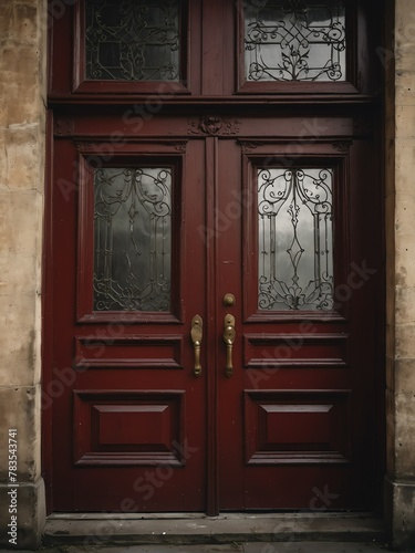 burgundy red wooden door on old victorian house background from Generative AI