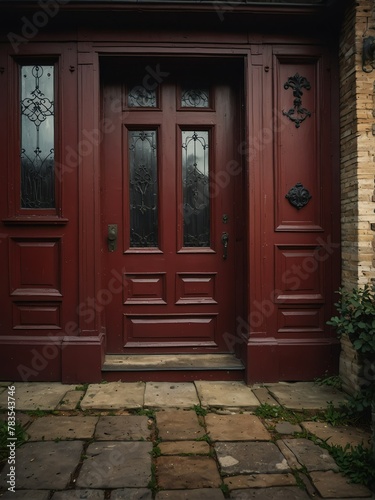 burgundy red wooden door on old victorian house background from Generative AI