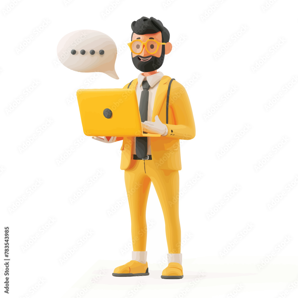 a man in a yellow suit is holding a laptop