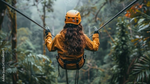 An adventurous moment frozen in time as a diverse group of friends zip-line through the dense jungle canopy, with space for adrenaline-pumping text.