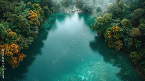 An aerial view of the stunning Kuang Si Falls, showcasing the turquoise pools against the backdrop of dense forest, with space for text overlay. photo