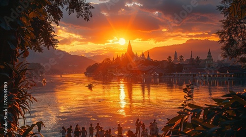 An awe-inspiring view of the iconic Mount Phousi at sunset  with diverse tourists making the climb for panoramic views of Luang Prabang