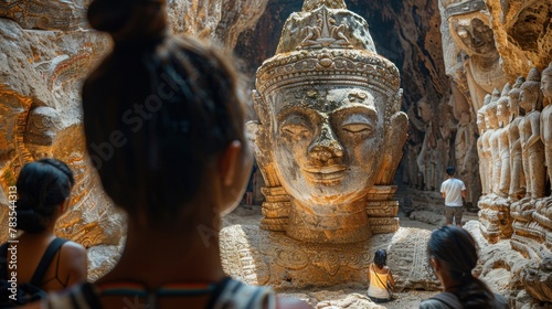 A captivating shot of a diverse group of travelers exploring the mysterious Pak Ou Caves, with the ancient statues illuminated by natural light photo