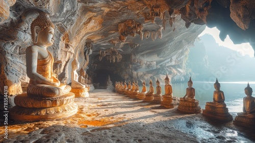 A captivating shot of a diverse group of travelers exploring the mysterious Pak Ou Caves, with the ancient statues illuminated by natural light photo