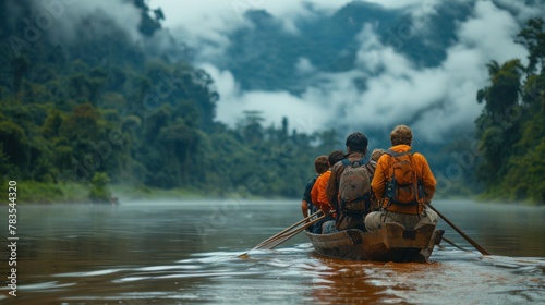 A captivating shot of a diverse group of travelers embarking on a traditional long-tail boat journey along the picturesque Nam Ou River