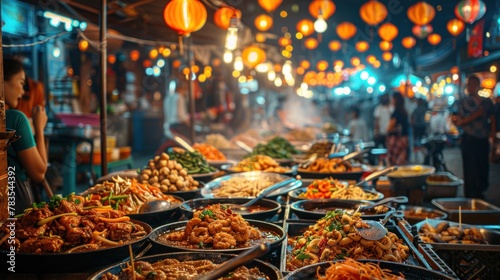 A close-up of a diverse group of friends savoring traditional Laotian street food at a bustling night market, with space for flavorful text descriptions.