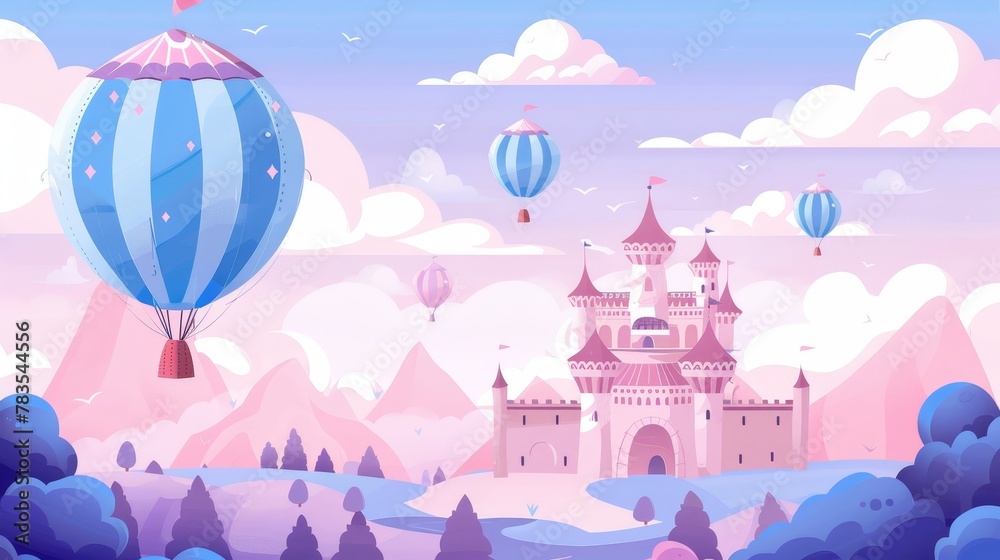 This modern flyer illustrates a hot air balloon and a fantasy castle as well as a cartoon illustration of a flying blue aerostat and a Princess Palace as part of a fairy tale travel poster.