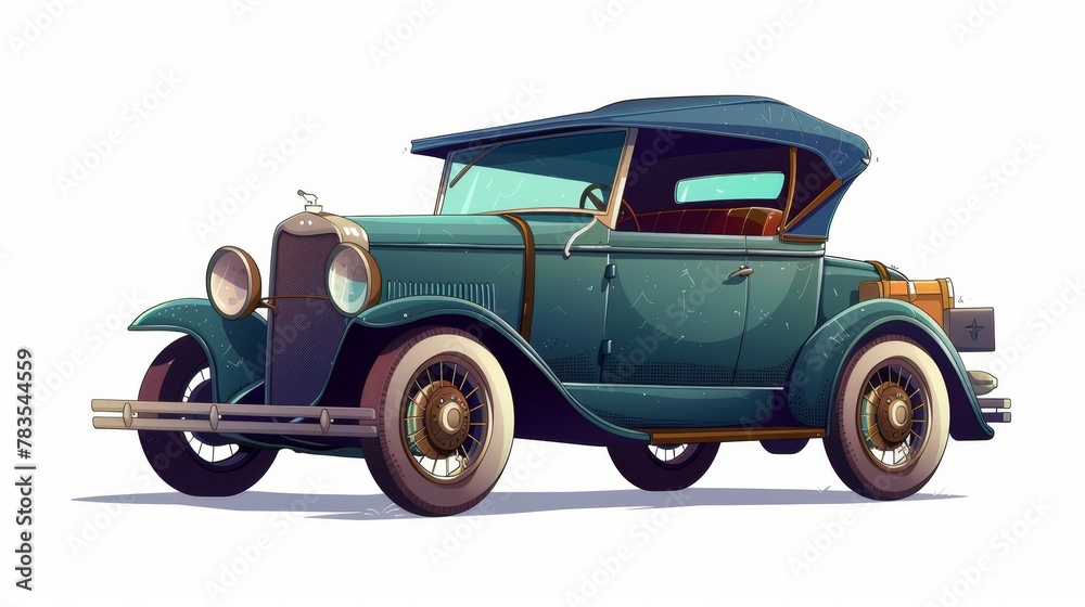 The hood of an old car sedan is open, cartoon isolated modern icon