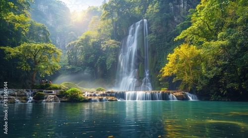 A panoramic shot of a tranquil waterfall in the heart of the Laotian jungle, with a couple of diverse travelers admiring the natural beauty.