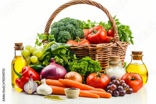 a basket full of vegetables next to a bottle of oil