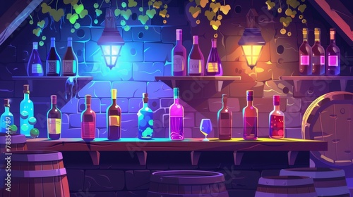 An alcohol beverage store promo, cartoon modern web banner with a wine shop interior with wooden barrels and glass bottles.