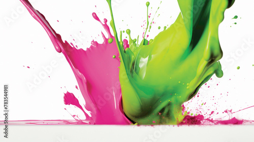 Intense splashes of neon green and electric pink agnst a pristine white background, evoking a sense of energy and excitement. photo