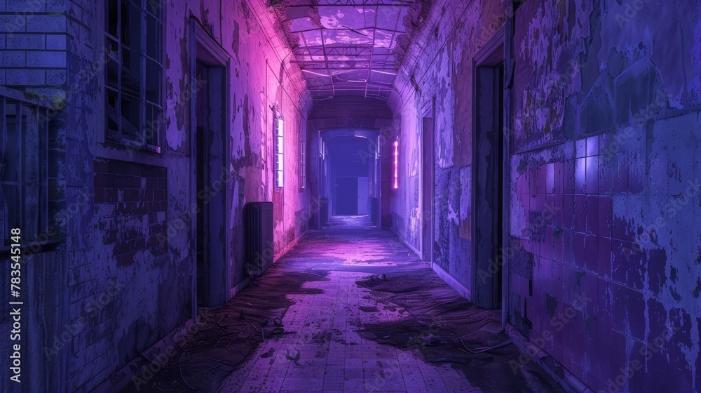 Interiour of abandoned school hallway during the night