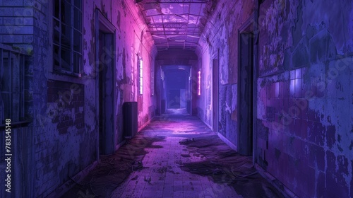 Interiour of abandoned school hallway during the night photo