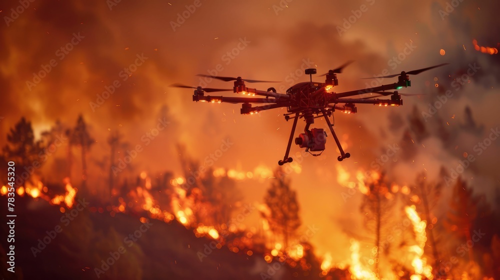 A wildfire surveillance drone hovers above, a high-tech guardian monitoring for signs of danger