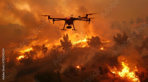 A wildfire surveillance drone hovers above, a high-tech guardian monitoring for signs of danger