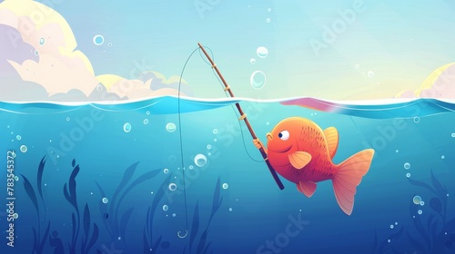 This is a web banner for a fishing cartoon landing page. A cute fish looking on a hook underwater in the sea, catching bait at the surface of the water. A fishing club competition, a game scene, a photo