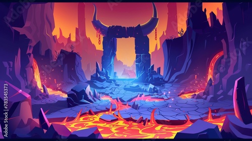 Modern cartoon illustration with a hot lava lake and ancient stone altar with devil horns and liquid magma flows.