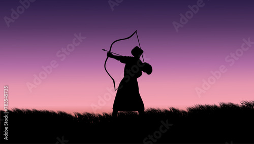 Mongolian archer in field, flat color illustration