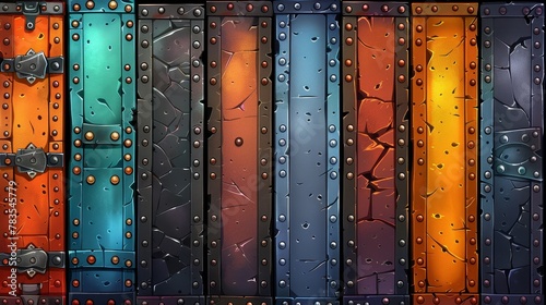 An industrial wall surface with metal panels and grates with riveted seams for a game background made of old steel sheets and metal plates. Modern cartoon seamless patterns of industrial wall