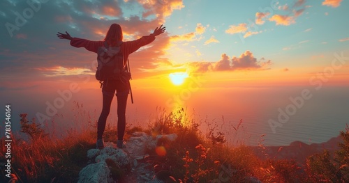 A woman standing on top of a mountain with her arms outstretched at sunset.
