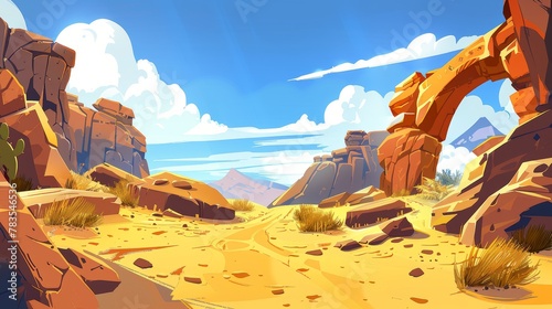 A desert landscape in the Arizona desert, with golden sand dunes and stones under blue skies. This is a cartoon illustration with yellow cracks in the sandy surface and arch rocks that are shaped