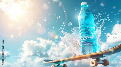 Ad template featuring a skateboard carrying a water bottle on a speedy slope with a sunny sky background.