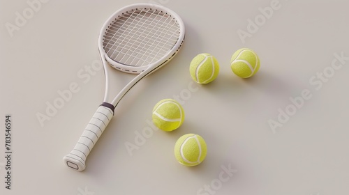 This 3D tennis set includes a tennis racket, balls, and a light grey background. © Антон Сальников