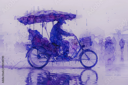 Purple watercolor painting of a person driving a traditional pedicab photo