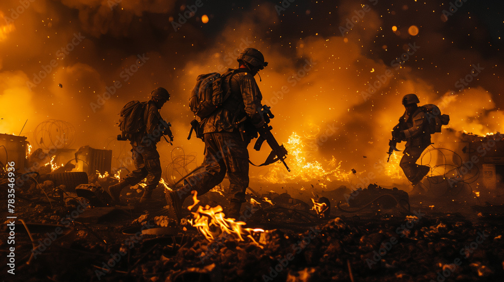 Man, soldier and run in explosion with battle, smoke or fire in overlay for copy space. Person, veteran and walking in war with enemy in freedom, defence or security for country with armed forces