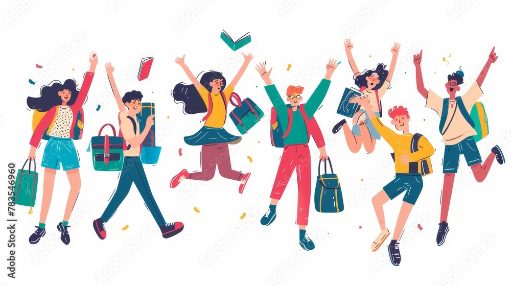 Students jumping with backpacks, books, and bags. Modern illustration of diverse young people having fun together.