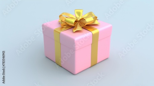 Gift box with golden ribbon. Isolated closed package with pastel glossy bow on white background. Holiday surprise, present for birthday, christmas, wedding, realistic.