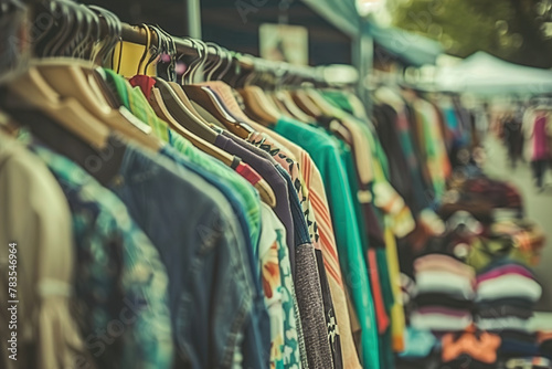 Vintage clothing swap event with live music and retro fashion vendors. photo