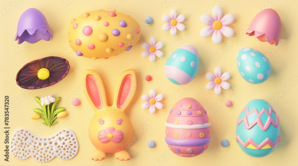 Easter element set with chocolate bunnies, painted eggs, daisies, and round lace doilies.