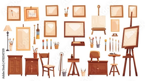 Equipment for art class studios, including easels, picture frames, canvas, paints, brushes, chairs, lamps, and cupboards for artist work.