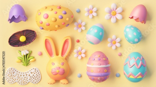 Easter element set with chocolate bunnies, painted eggs, daisies, and round lace doilies. photo