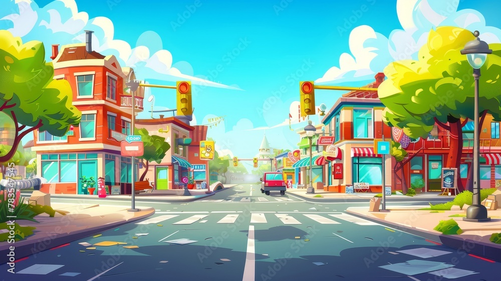 A city street with houses, shops, traffic lights, and a pedestrian crosswalk. Modern cartoon illustration of urban architecture.