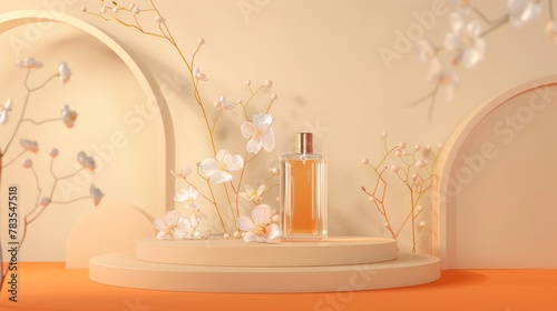 Freesia eau de toilette advertisement. Glass bottle on podium with glass plant and circle decoration. Light orange background.
