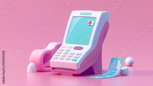 A 3D rendering of a POS terminal, paper check bill and plastic card. A mobile app that accepts contactless payments, an electronic device used for safe wireless NFC bank money transactions, and an