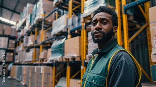 man with a green vest standing near a pallet of boxes in a warehouse, in the style of dark teal and yellow, sense of quiet contemplation, award-winning, bold and busy