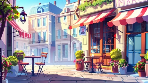 Street with cafe exterior with tables and chairs on terrace. Building facade with restaurant, cafe or cafeteria, modern illustration.