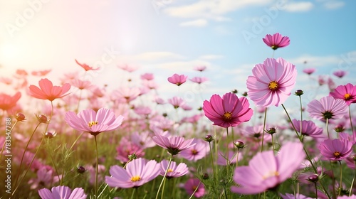 pink flowers in the field background sky 