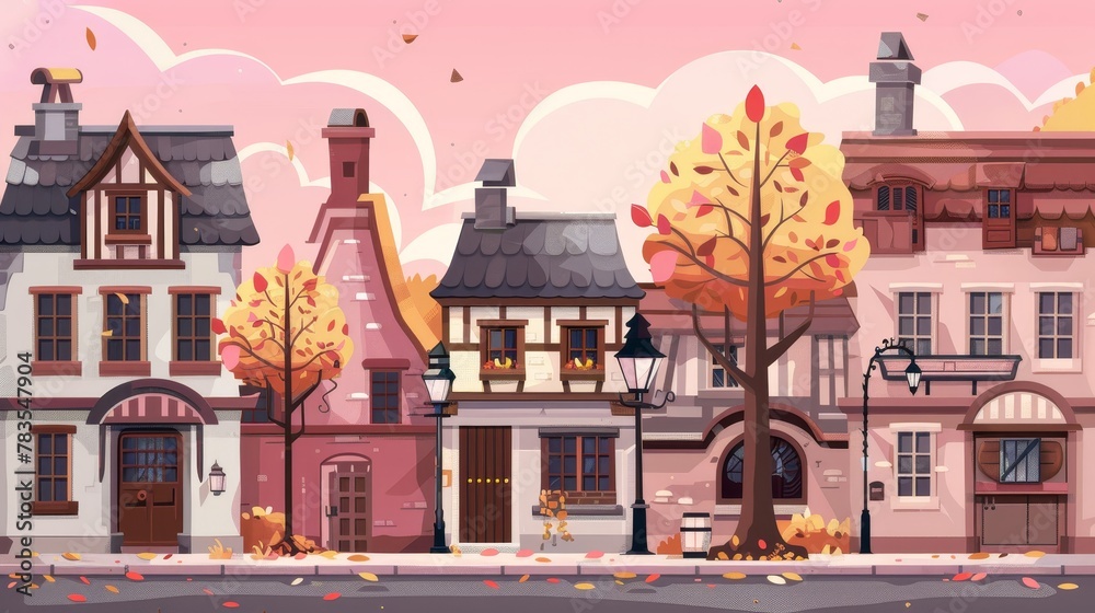 A cartoon illustration of a Scandinavian style city street with chimneys, old wooden windows and doors, trees, lanterns on the sidewalk, and a pink sky.