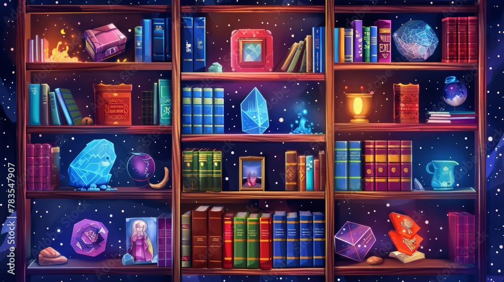 The poster illustrates a bookshelf filled with cubes representing worlds of stories and knowledge, including outer space, ocean, wild animals, and imagination.
