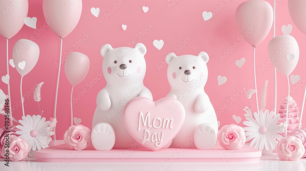 Porcelain polar bears seated beside a heart shaped stage with mom text balloons at a 3D Mother's Day celebration template. Porcelain polar bears seated beside a heart shaped stage with mom text balloons at a 3D Mother's Day celebration template.
